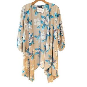 Twelve by On Twelve S NWT Cream Turquoise Floral Flowy Open Boho Kimono Duster